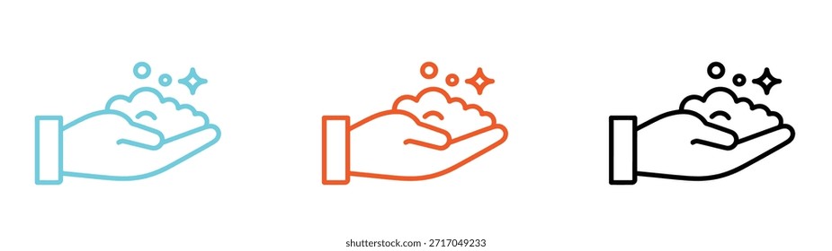 Hand holding soap bubbles in modern line art style. Bubbles and foam icon Simple outline vector logo.
