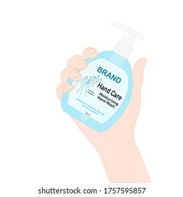 mano sujeta una botella de jabón de mano. Prevención de enfermedades. Publicidad de productos sanitarios. Vector de ilustración. Diseño de embalajes ​ concepto.