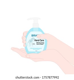 hand is holding the hand soap pump bottle. diseases prevention. healthcare product advertisement. illustration vector. Packaging design ​concept.