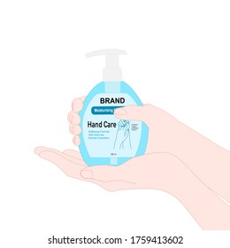 mano sujeta la botella de la bomba de jabón manual. prevención de enfermedades. anuncio de producto sanitario. vector de ilustración. Diseño de embalajes ​ concepto.