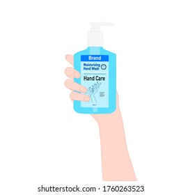 hand is holding the hand soap pump bottle. diseases prevention. healthcare product advertisement. illustration vector. Packaging design ​concept.