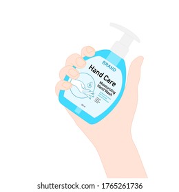hand is holding the hand soap pump bottle. diseases prevention. healthcare product advertisement. illustration vector. Packaging design ​concept.