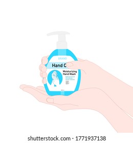 mano sujeta la botella de la bomba de jabón manual. prevención de enfermedades. anuncio de producto sanitario. vector de ilustración. Diseño de embalajes ​ concepto.