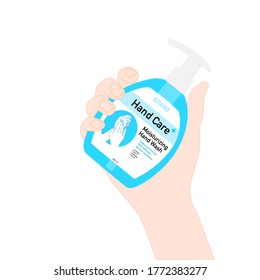 hand is holding the hand soap pump bottle. diseases prevention. healthcare product advertisement. illustration vector. Packaging design ​concept.