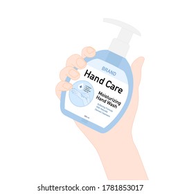 hand is holding the hand soap pump bottle. diseases prevention. healthcare product advertisement. illustration vector. Packaging design ​concept.