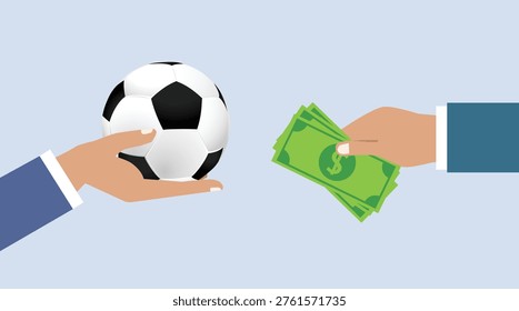 Hand holding soccer ball. Arm giving wad of cash. Unfair betting. Sport competition. Money banknotes bribe. Tournament corruption. Illegal match fixing in football