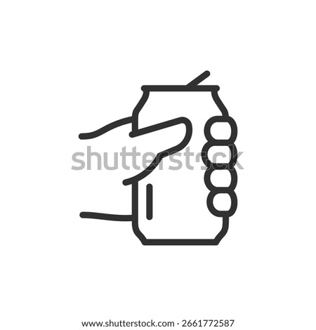 Hand holding soda can, linear icon. Beverage consumption, refreshment, or drink grab. Line with editable stroke.