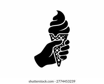 Hand Holding Soft Serve Ice Cream Cone Silhouette  Isolated on White Background