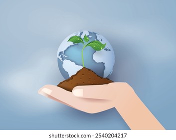  hand holding soil with a globe growing from it. Highlights sustainability and soil conservation.