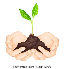 Hand Holding Soil and Green Plant as Nature Protection Vector Illustration