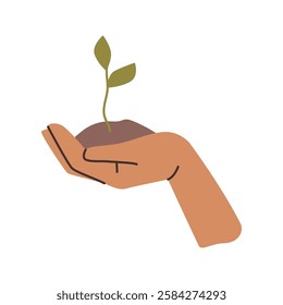 Hand holding soil with growing plant. Vector isolated ecology and environmental care. Eco and climate change, protecting nature and caring for preservation of fauna and natural diversity