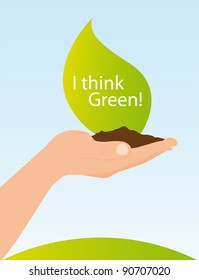 hand holding soil and leaf, i think green. vector illustration