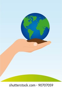 hand holding soil and planet vector illustration. conceptual image
