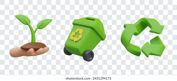 Hand holding soil with plant, closed wheelie bin, universal green recycling sign