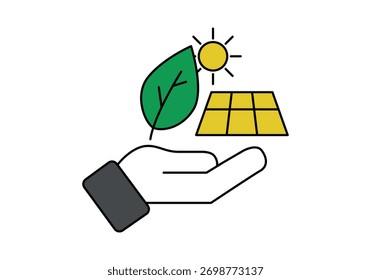 Mano que sostiene el panel solar y la hoja para la energía solar y renovable