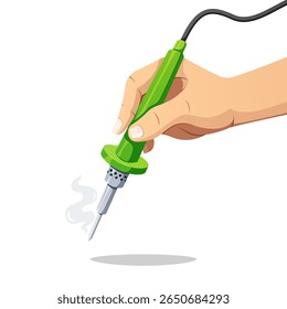 Hand holding soldering iron for soldering electronic work vector isolated on white background.
