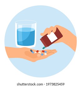 Hand Holding Some Medicine Tablets In Flat Design On White Background. Patient Taking Medicine. Healthcare Concept.