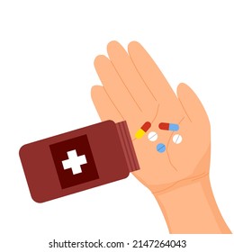 Hand Holding Some Medicine Tablets In Flat Design On White Background. Patient Taking Medicine. Healthcare Concept.