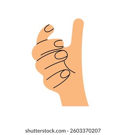 The hand is holding something. Gesture. Color trendy vector illustration. Index, middle, ring, little fingers and thumb