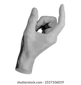 Hand holding something invisible, space between two fingers, isolated on white background. Halftone dotted retro style vector