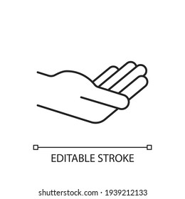 Hand holding something linear icon. Human palm birchily supports the object. Free space. Thin line customizable illustration. Contour symbol. Vector isolated outline drawing. Editable stroke