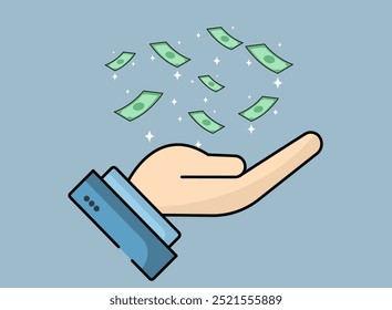 Hand holding something and money falling into the hand. Concept of good investments and returns