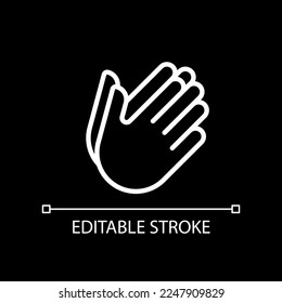 Hand holding something pixel perfect white linear icon for dark theme. Space between palms. Gesture language. Thin line illustration. Isolated symbol for night mode. Editable stroke. Arial font used