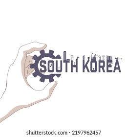 Hand holding South Korea country name with energy generation, power supply, technology and industry relative icons.