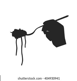 Hand holding spaghetti fork. degustation flat simple vector. Tasting pasta Italian traditional food. Isolated meal icon illustration