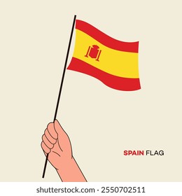 Hand holding Spain flag in line art drawing style. Spain hand Flag waving. Vector illustration