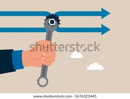 Hand holding with spanner in hand adjusts mechanism to change manage company transformation. Support and service. Flat vector illustration