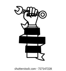 hand holding spanner with decorative ribbon around of arm black silhouette vector illustration