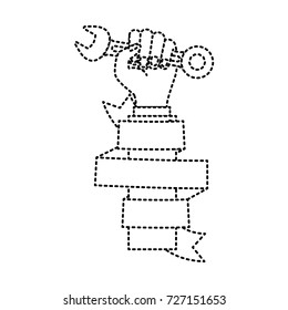 hand holding spanner with decorative ribbon around of arm monochrome dotted silhouette vector illustration