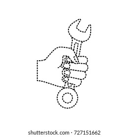 hand holding spanner flat icon monochrome dotted silhouette vector illustration