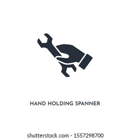 Hand Holding Spanner Icon. Simple Element Illustration. Isolated Trendy Filled Hand Holding Spanner Icon On White Background. Can Be Used For Web, Mobile, Ui.