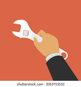 Hand holding spanner, illustration in flat style. Adjustable wrench in hands of the man. Technical service, repairs concept. Vector EPS 10.