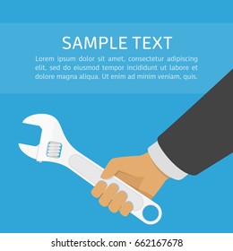 Hand holding spanner, illustration in flat style. Adjustable wrench in hands of the man. Technical service, repairs concept. Vector EPS 10.