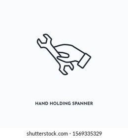 Hand Holding Spanner Outline Icon. Simple Linear Element Illustration. Isolated Line Hand Holding Spanner Icon On White Background. Thin Stroke Sign Can Be Used For Web, Mobile And UI.