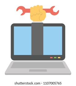 
Hand holding spanner over laptop screen depicting service provider concept 
