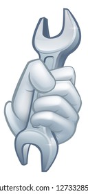 A hand holding a spanner tool icon concept