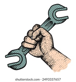 Hand holding spanner wrench halftone color vector illustration