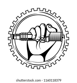hand holding spark plug spare part industry automotive