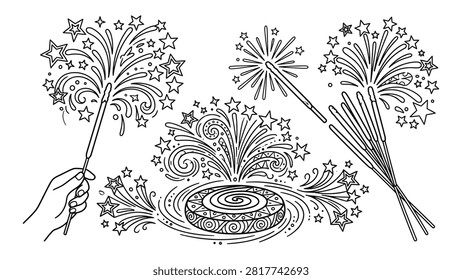 Hand holding sparkler and ground spinner fireworks coloring page