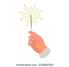 Hand holding sparklers. Celebration of New Year, birthday, Christmas. Vector illustration isolated on white background.