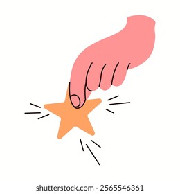 Hand holding sparkling star flat color vector illustration. Person leaving positive feedback closeup cartoon icon on white background