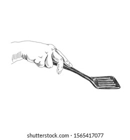 Hand holding spatula black ink illustration. Chef palm with frying pan hand drawn sketch isolated on white background. Human hand with kitchen utensil monochrome engravings. Arm with kitchenware