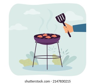 Hand holding spatula for flipping meat on grill. Man or woman having dinner, picnic or barbecue party outdoor flat vector illustration. Food concept for banner, website design or landing web page