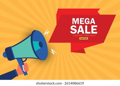 Hand holding speaker, text from speaker about mega sale label
