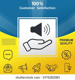 Hand holding speaker vector glyph color icon. With yellow and blue background option