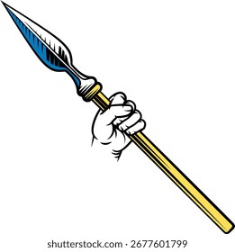 Eine Hand, die einen Speer hält mittelalterliche Waffe Design Illustration in einem Vintage Holzschnitt Retro Tattoo Stil